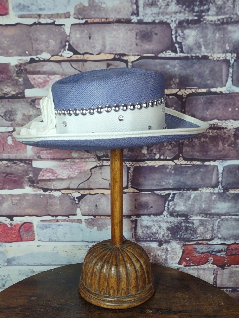 Blue Straw Boater Hat with White Studded Band - Picture 4 of 7